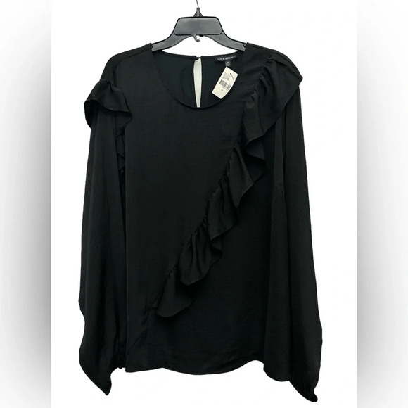 Lane Bryant Ruffle Detail Blouse 28 Satin Crepe Keyhole Back Sleeve Black NWT - Picture 1 of 7